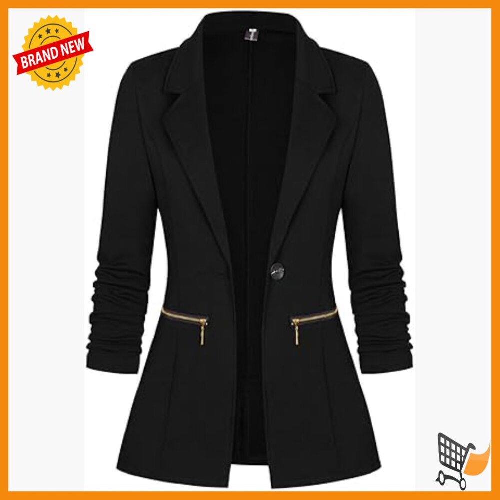 Long Sleeve Blazer Cardigan Jacket with Zipper Pockets Slim Fit Office Wear